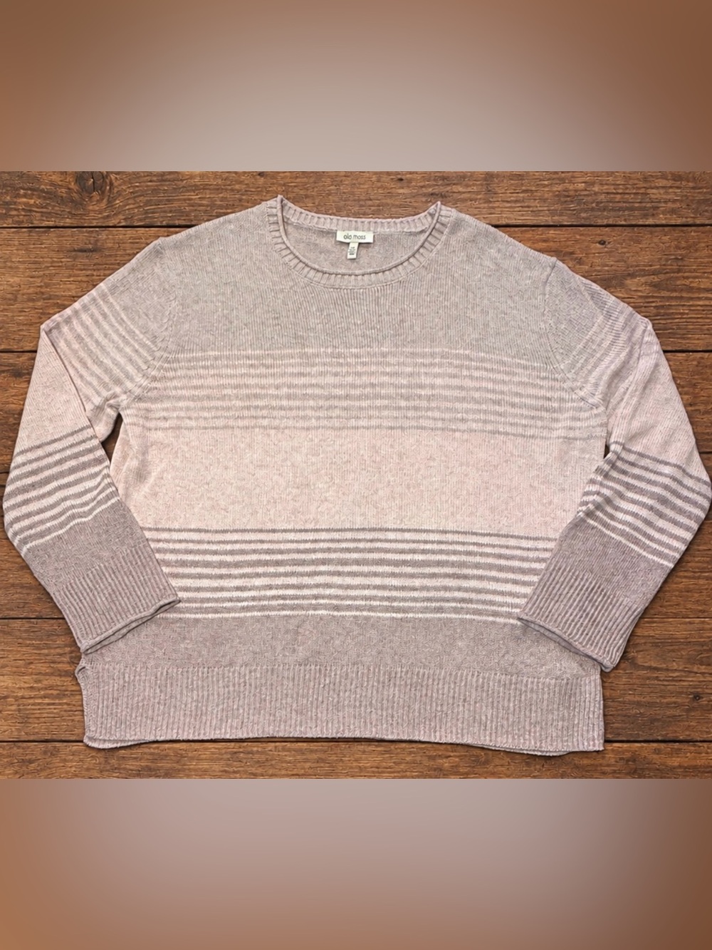 Ella Moss Women’s L Striped Knit Sweater Ribbed Crewneck Pullover Taupe Gray
